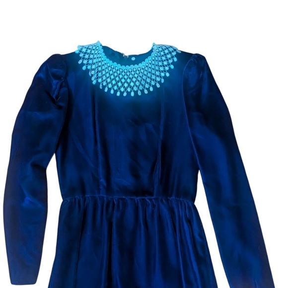 Vtg Lanz Blue Velvet Long Column Midi Dress Removable White Crochet Collar Sz XS - Picture 4 of 11